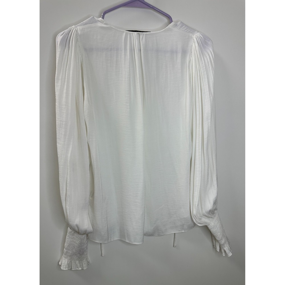 Rebecca Taylor Sateen Tie Neck Smocked Ruffle Cuff Blouse XS Off White Luxury - Picture 11 of 16